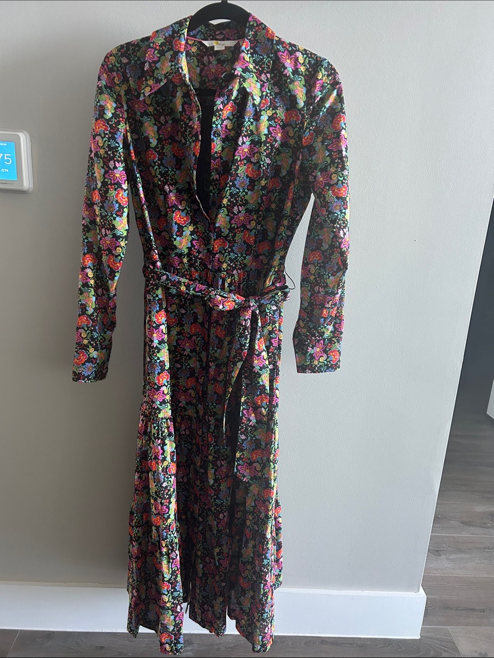 Boden Black Floral Long Sleeve Shirt Dress with Belt